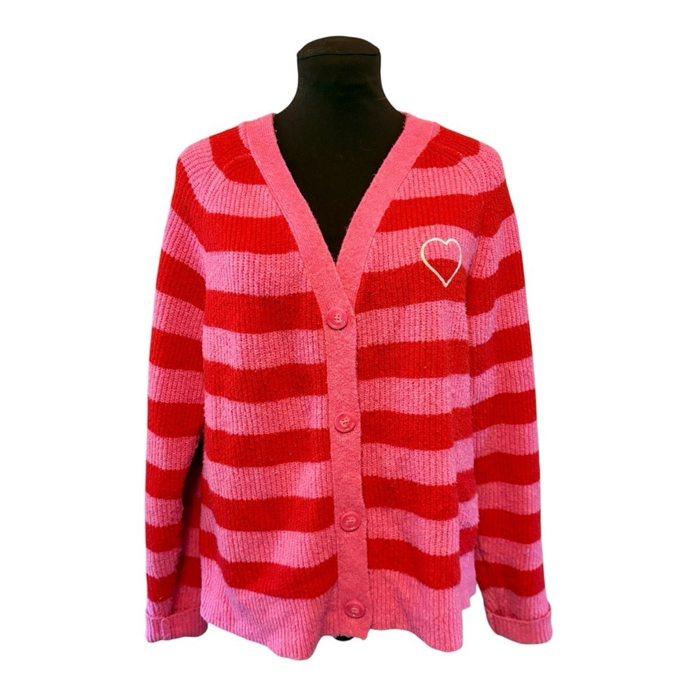 A New Day™ Heart Button-Down Cardigan, Pink & Red Striped, Womens size Medium